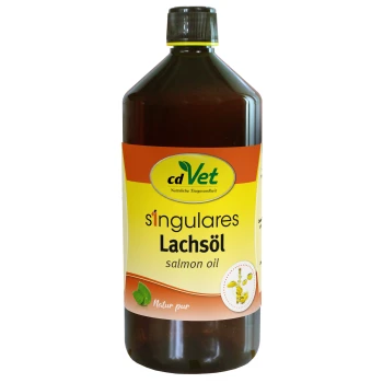 Braune Flasche mit cdVet Lachsöl, beschriftet mit "singulares Lachöl" und einem gelb-orangefarbenen Design, das auf ein natürliches Haustiergesundheitsprodukt hinweist.