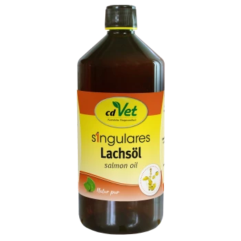 Braune Flasche mit cdVet Lachsöl, beschriftet mit "singulares Lachöl" und einem gelb-orangefarbenen Design, das auf ein natürliches Haustiergesundheitsprodukt hinweist.