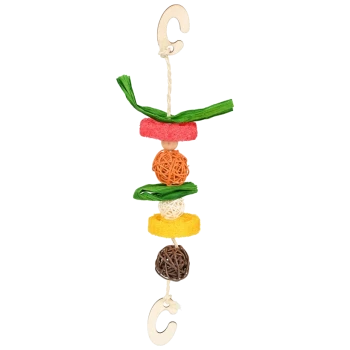 Colorful bird toy featuring various textured balls and rings, hanging from a hook, designed for pet entertainment.
