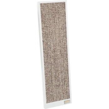 A vertical scratching post with a textured, beige and brown surface, framed in white, designed for cats.