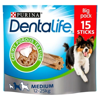 Purina Dentalife dog treats package featuring a happy dog, highlighting "Big pack 15 sticks" and "Chewy porous texture" for medium dogs (12-25kg).