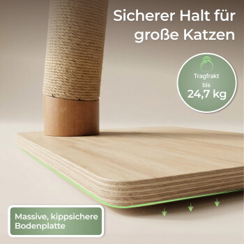 Mit Sisal umwickelter Kratzpfosten auf einer Sperrholz-Basis; sichtbarer Text: 'Sicherer Halt für große Katzen', 'Tragkraft 24,7 kg'.