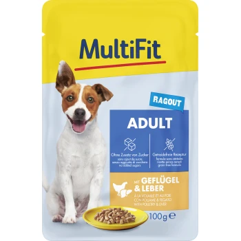 Emballage de nourriture pour chien avec un chien heureux, étiqueté "MultiFit ADULT Ragout," mettant en avant "Sans sucres ajoutés," "Sans céréales," et "Avec volaille et foie."