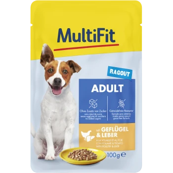 Emballage de nourriture pour chien avec un chien heureux, étiqueté "MultiFit ADULT Ragout," mettant en avant "Sans sucres ajoutés," "Sans céréales," et "Avec volaille et foie."