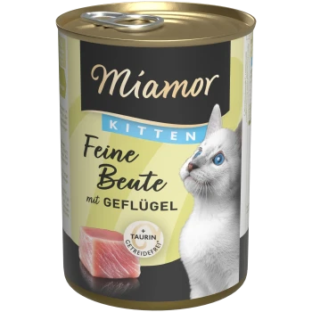 Dose Miamor-Kittenfutter mit weißem Kätzchen und Fleischabbild; Aufschrift: Miamor, KITTEN, Feine Beute mit GEFLÜGEL und +Taurin.