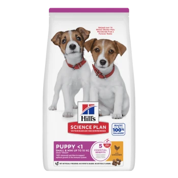 Beutel Hill's Science Plan Welpenfutter mit zwei Jack‑Russell‑Welpen, Hill's-Logo, Kennzeichnung 'PUPPY <1' und 'mit Huhn'.