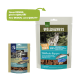 Zwei Tierfutterverpackungen: eine große Tüte "WILDERNESS FISH SNACK 100%" mit einem Wolf und eine kleinere Tüte, beide mit der Aufschrift "Neues DESIGN, gleiche QUALITÄT."