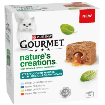 Purina Gourmet Nature's Creations cat food box featuring steam cooked mousse with gravy heart, rich in ocean fish, cod, chicken, and beef.