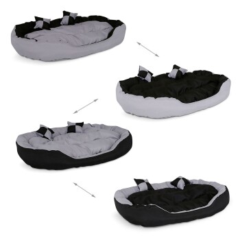 Vier Variationen eines gemütlichen Haustierbettes mit einem grau-schwarzen Farbschema, mit zwei kleinen Kissen auf jedem Bett.