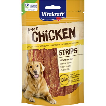 Paquet de friandises pour chiens Vitakraft Pure CHICKEN Strips avec un golden retriever ; texte : Vitakraft, pure CHICKEN, STRIPS, 100%.