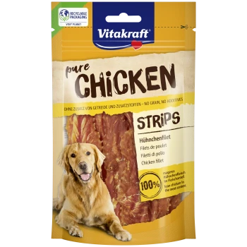 Paquet de friandises pour chiens Vitakraft Pure CHICKEN Strips avec un golden retriever ; texte : Vitakraft, pure CHICKEN, STRIPS, 100%.