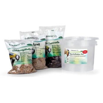 Erdtmann's Vogelfutter-Packungen einschließlich Waldvogelfutter, Hanfsamen, Rosinenfutter und einem Spezialfutter-Set Behälter.