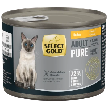 Select Gold Adult Pure Katzenfutterdose mit Huhn, getreidefreier Formel, 72 % Huhn und einem Bild einer Siamkatze.
