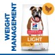 Hill's Science Plan dog food bag labeled "Weight Management" and "Light" with chicken, featuring a smiling Boxer dog.