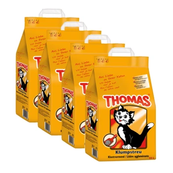 Vier zakken van Thomas klonterende kattenbakvulling, elk 20 liter, met een cartoonkat en meertalige tekst die liefde voor je kat promoot.
