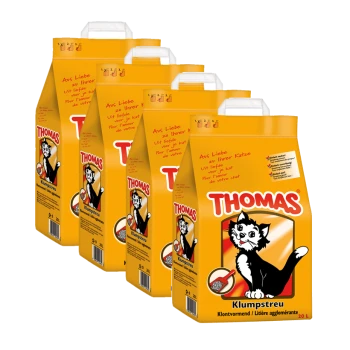 Vier Säcke von Thomas Klumpstreu für Katzen, jeweils 20 Liter, mit einer Cartoon-Katze und mehrsprachigem Text, der die Liebe zu Ihrer Katze fördert.
