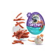 Lila Joy & Toy 2-in-1 Katzensnack-Verpackung (Thunfisch) mit verstreuten roten Thunfischstreifen und Tau-Maus-Spielzeug.