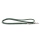 Green leather dog leash with silver metal clip and decorative studs, laid flat on a white background.