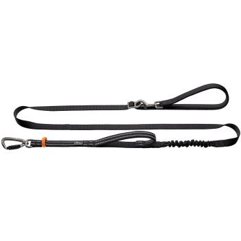 Schwarze Nylon-Hundeleine mit gepolstertem Schlaufenhandgriff, Metallkarabiner und Verschluss, elastischem Bungee, reflektierender Naht und Logoplakette.