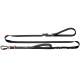 Schwarze Nylon-Hundeleine mit gepolstertem Schlaufenhandgriff, Metallkarabiner und Verschluss, elastischem Bungee, reflektierender Naht und Logoplakette.