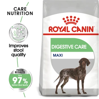 Royal Canin Digestive Care Maxi dog food bag with a brown and white dog, emphasizing improved stool quality and 97% proven results.