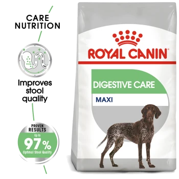 Royal Canin Digestive Care Maxi dog food bag with a brown and white dog, emphasizing improved stool quality and 97% proven results.