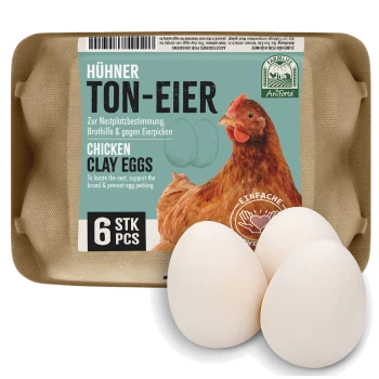Packung mit 6 Hühner-Ton-Eiern mit einer braunen Hühnerillustration, beschriftet "Hühner Ton-Eier" zur Förderung des Nistens und zur Verhinderung des Eierpickens.