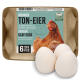 Packung mit 6 Hühner-Ton-Eiern mit einer braunen Hühnerillustration, beschriftet "Hühner Ton-Eier" zur Förderung des Nistens und zur Verhinderung des Eierpickens.