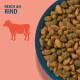 Blaue Schale mit braunem und grünem Trockenfutter, Kuh-Silhouette und Text 'REICH AN RIND' auf rosa Hintergrund