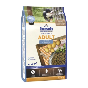 Bosch Adult Hundefutter Tasche, 3,0 kg, mit Fisch- und Kartoffelzutaten, mit Nährwertangaben: 21,5% Protein, 10,5% Fett.