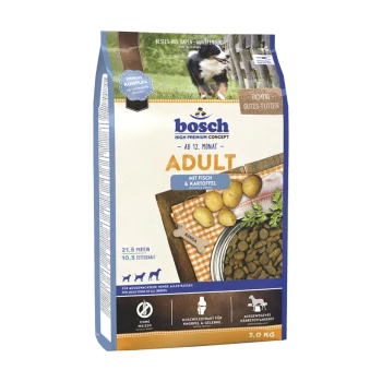 Bosch Adult Hundefutter Tasche, 3,0 kg, mit Fisch- und Kartoffelzutaten, mit Nährwertangaben: 21,5% Protein, 10,5% Fett.