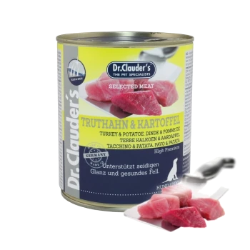 Dosen-Haustierfutter mit der Aufschrift "Dr. Clauder's Selected Meat", das Truthahn und Kartoffel enthält, mit sichtbaren Fleischstücken und Nährwertangaben.