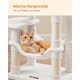 Weiche Katzenhängematte auf einem Katzenbaum, mit einer orangefarbenen Katze, die bequem liegt. Der Text oben lautet 'Weiche Hängematte' und 'Wie auf Wolken schweben.'