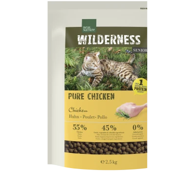 Sac de nourriture pour chat Real Nature Wilderness Pure Chicken Senior 7+, photo d'un bengal, "55 % poulet, 45 % fruits et légumes", 2,5 kg