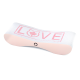 Ein rosa und weißer Katzenkratzbaum mit dem Wort "LIEBE" in großen rosa Buchstaben, mit einer Katzensilhouette und einem Ahornblatt-Design.