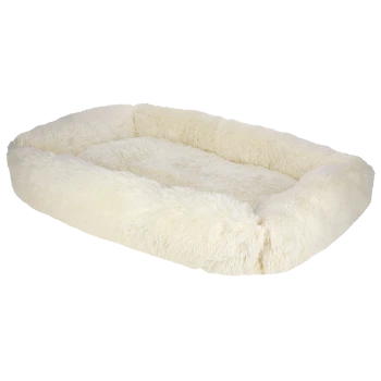 Ein plüschiges, cremefarbenes Haustierbett mit einem flauschigen, erhöhten Rand und einem weichen Innenraum, ideal für kleine Hunde oder Katzen.