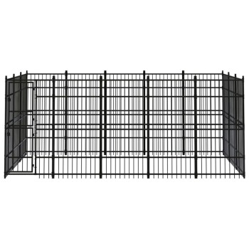 Schwarzes Metall-Haustier-Spielgehege mit mehreren Paneelen und einer Tür, für den Innen- oder Außenbereich konzipiert.