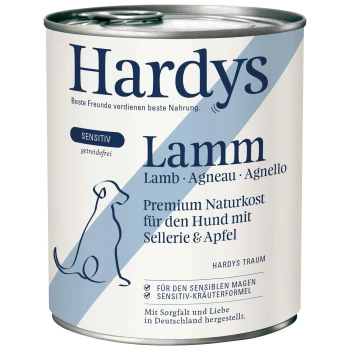 Dose Hardys Hundefutter mit der Aufschrift "Lamm" in blau-weißer Gestaltung, mit einer Hundesilhouette und Informationen zu natürlichen Zutaten.