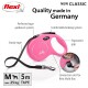 Pink flexi dog leash with ergonomic grip, sturdy tape, and comfortable braking system. Features a connection slot for flexi Multi Box.