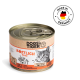 Dose mit Katzenfutter, beschriftet mit "DOGS'n TIGER KÖSTLICH PUTE," mit einer Katzenillustration, "100% NATÜRLICH," "70% PUTE," und "Hergestellt in Deutschland"-Abzeichen.