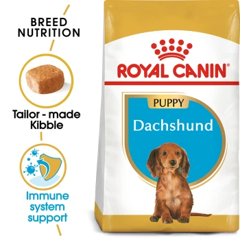 Royal Canin Puppy Dachshund dog food bag featuring tailored kibble and claims for breed nutrition and immune system support.