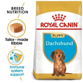 Royal Canin Puppy Dachshund dog food bag featuring tailored kibble and claims for breed nutrition and immune system support.