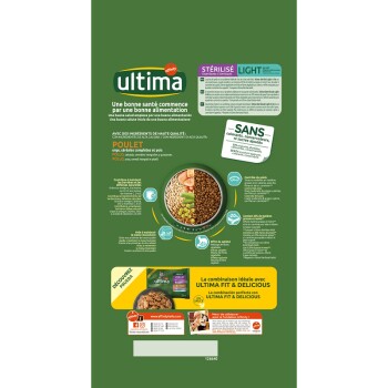Emballage de nourriture pour animaux Ultima vert montrant un bol de croquettes avec du poulet et des légumes, mettant en avant "SANS colorants, conservateurs" et nutrition.