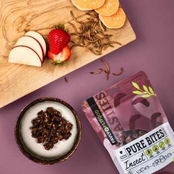 Ein Holzschneidebrett mit geschnittenen Äpfeln, einer Erdbeere, getrockneten Mehlwürmern, einer Schüssel mit dunklen Haustierleckereien und einer Verpackung "Pure Bites Insect".