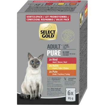 Select Gold Adult Pure Katzenfutter Vorteilspack mit Rind, Huhn und Truthahn in Sauce, getreidefrei, ohne Zuckerzusatz oder Soja, 6x85g.