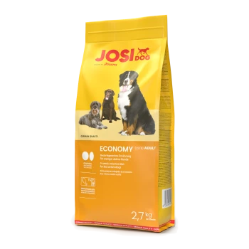 Gelbe Tüte JosiDog Economy Adult Hundefutter mit Bildern von drei Hunden und Text in Deutsch, Englisch und Französisch.