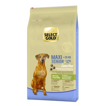 Select Gold Maxi Senior Hundefutterbeutel, mit einem braunen Hund auf der Vorderseite, gekennzeichnet für Hunde über 25 kg, mit Zutaten aus Ente und Kartoffel.