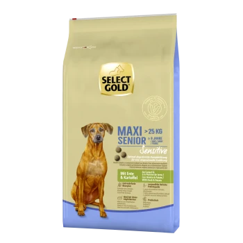 Select Gold Maxi Senior Hundefutterbeutel, mit einem braunen Hund auf der Vorderseite, gekennzeichnet für Hunde über 25 kg, mit Zutaten aus Ente und Kartoffel.