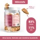 Frosttrocknungsprozess für Hundeleckerlis: 300g frische Hühnermägen gezeigt, was zu 60g gefriergetrocknetem Produkt führt. Hergestellt in Deutschland.