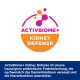 ACTIVBIOME+ KIDNEY DEFENSE-Logo mit pink-orangem Molekül-Symbol und deutschem Produktbeschreibungstext darunter.